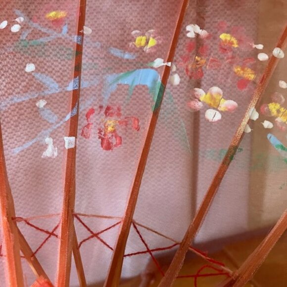 Vintage Transparent Red Fabric Parasol Floral with Butterflies Hand Painted 17"H - Picture 5 of 11
